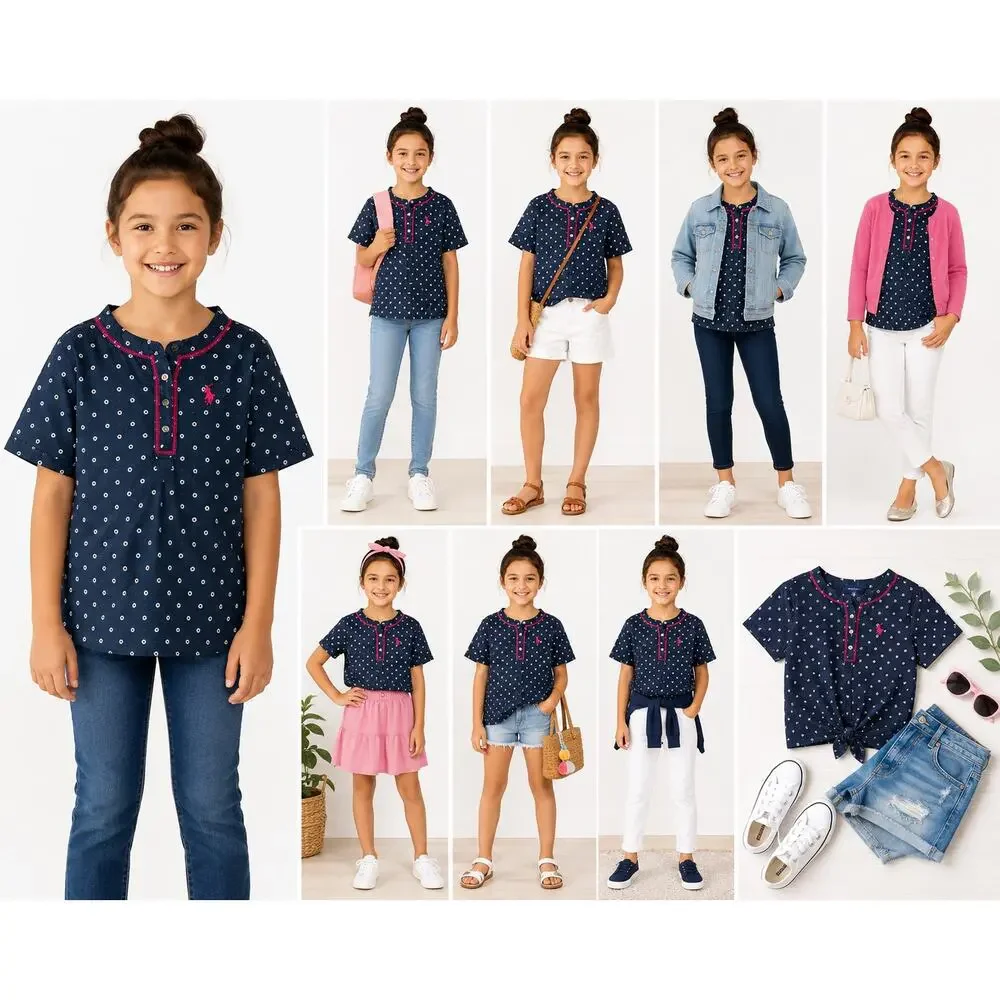 U.S. Polo Assn. Girls Navy Polka Dot Short Sleeve Henley Shirt Size 6X EUC